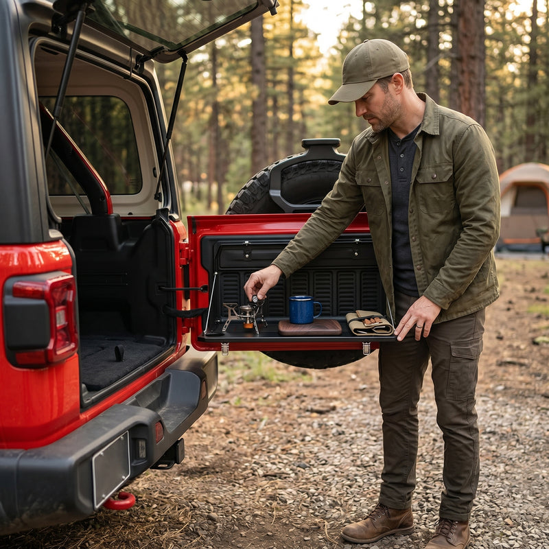 Person using the fold-down tailgate table at an open vehicle rear door outdoors
