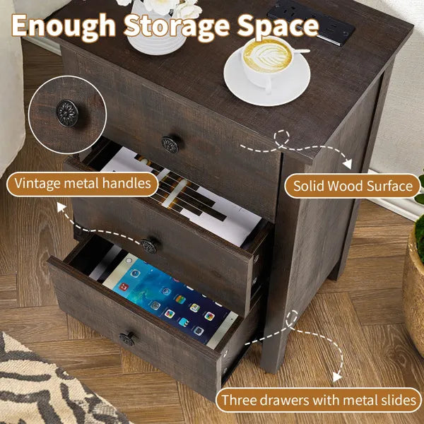 Brown MDF with solid wood veneer 66*45*68cm three-drawer bedside table