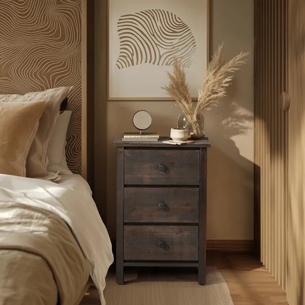 Brown MDF with solid wood veneer 66*45*68cm three-drawer bedside table