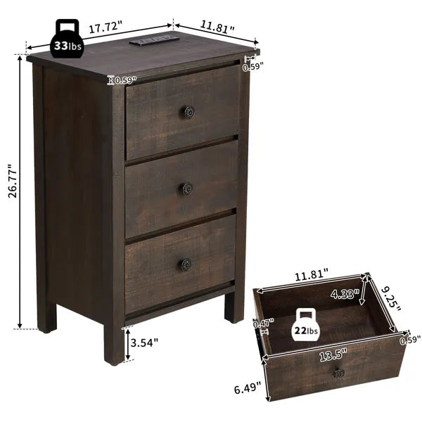 Brown MDF with solid wood veneer 66*45*68cm three-drawer bedside table