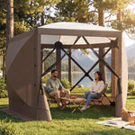 Brown pop-up screen gazebo at a forest lakeside campsite with two people seated at a table inside
