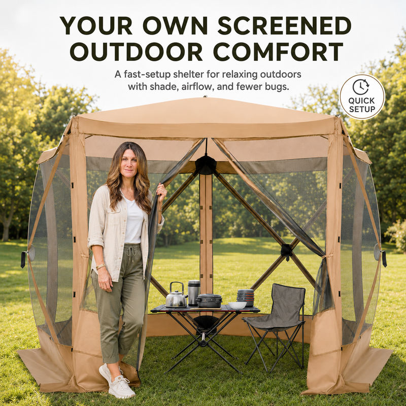 Brown pop-up screen gazebo at a forest lakeside campsite with two people seated at a table inside