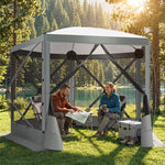 Brown pop-up screen gazebo at a forest lakeside campsite with two people seated at a table inside