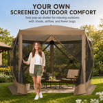 Brown pop-up screen gazebo at a forest lakeside campsite with two people seated at a table inside