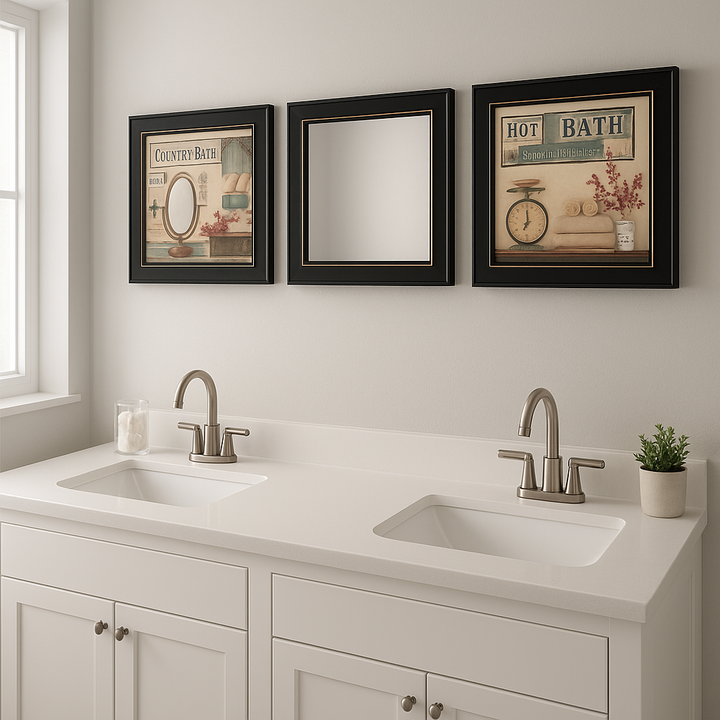 Refined Trio Black Rim Gallery Bathroom Art & Mirror Set