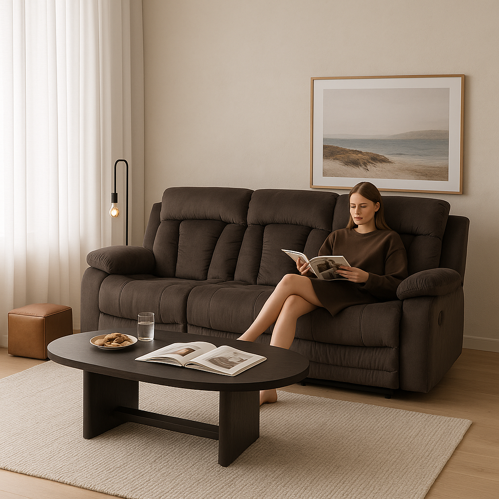 Premium Brown Microsuede Manual Recliner Sofa with Steel Base - Contemporary 3-Seat Glider Reclining Sofa for Modern Living Room
