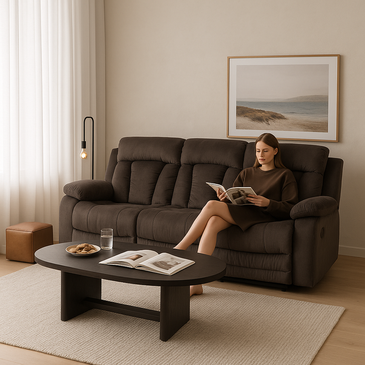 Premium Brown Microsuede Manual Recliner Sofa with Steel Base - Contemporary 3-Seat Glider Reclining Sofa for Modern Living Room