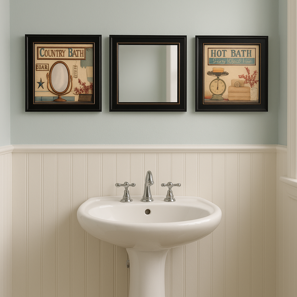Refined Trio Black Rim Gallery Bathroom Art & Mirror Set