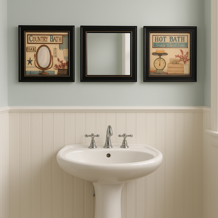 Refined Trio Black Rim Gallery Bathroom Art & Mirror Set