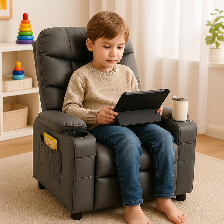 Premium PU Leather Kids Recliner Chair with Dual Cup Holders & Storage Pockets - Ergonomic Youth Furniture with 130° Recline