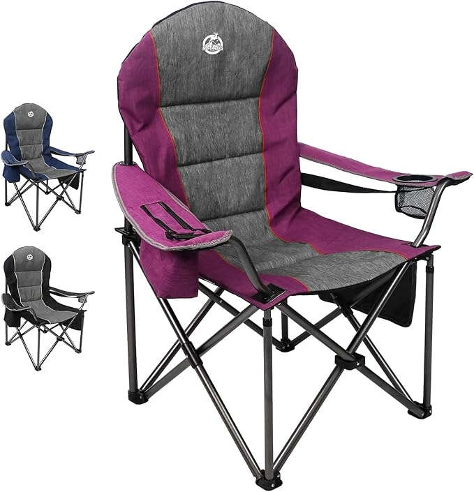 Oversized Portable Camping Chair with Lumbar Support & Cooler Bag - Purple