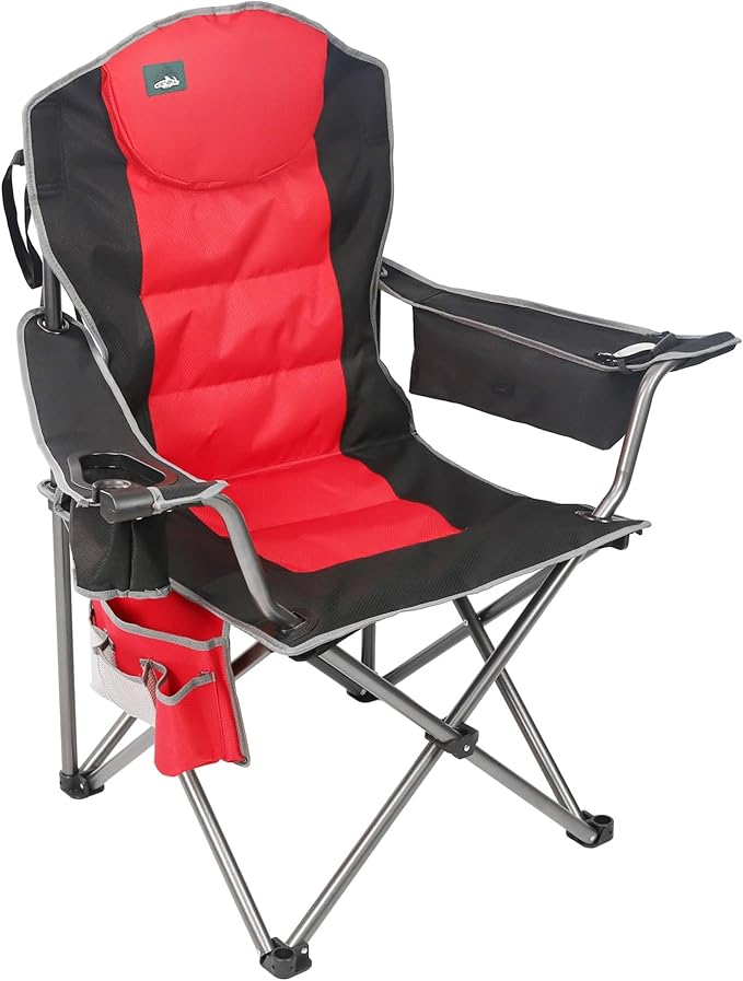 Oversized Portable Camping Chair with Lumbar Support & Cooler Bag - Black & Red