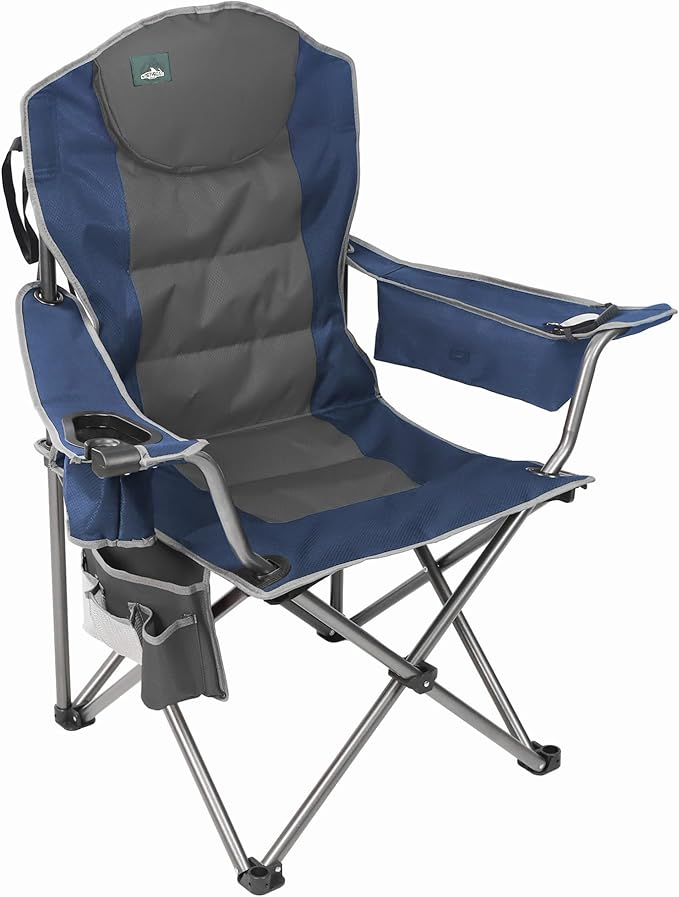 Oversized Portable Camping Chair with Lumbar Support & Cooler Bag - Blue & Grey