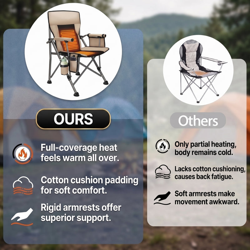 Oversized camping chair with adjustable lumbar back cushion and height-adjustable armrests for custom back support
