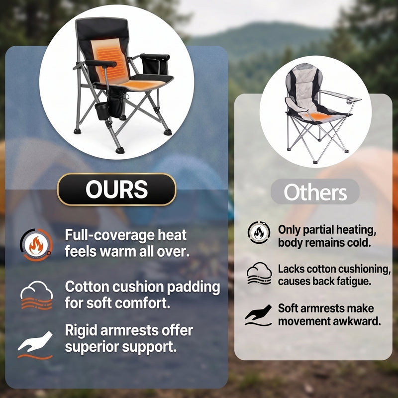 Oversized camping chair with adjustable lumbar back cushion and height-adjustable armrests for custom back support