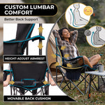 Oversized camping chair with adjustable lumbar back cushion and height-adjustable armrests for custom back support