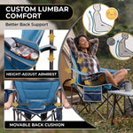 Oversized camping chair with adjustable lumbar back cushion and height-adjustable armrests for custom back support