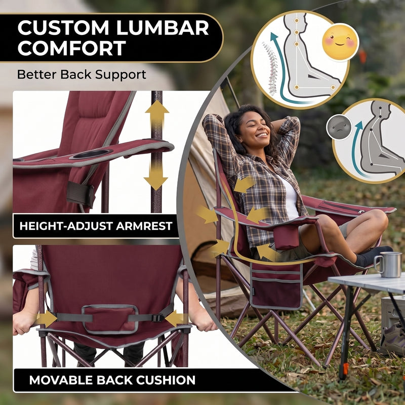Oversized camping chair with adjustable lumbar back cushion and height-adjustable armrests for custom back support