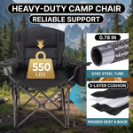 Oversized camping chair with adjustable lumbar back cushion and height-adjustable armrests for custom back support
