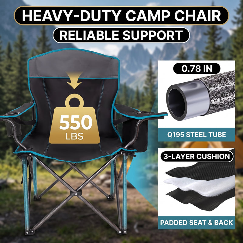 Oversized camping chair with adjustable lumbar back cushion and height-adjustable armrests for custom back support