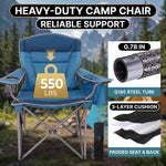 Oversized camping chair with adjustable lumbar back cushion and height-adjustable armrests for custom back support
