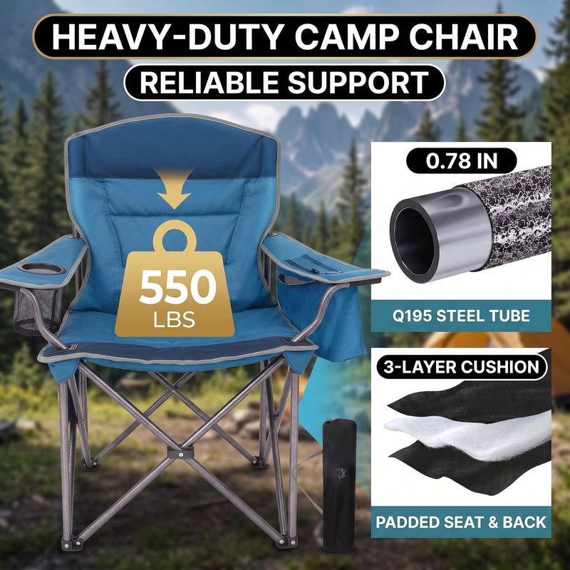 Oversized camping chair with adjustable lumbar back cushion and height-adjustable armrests for custom back support