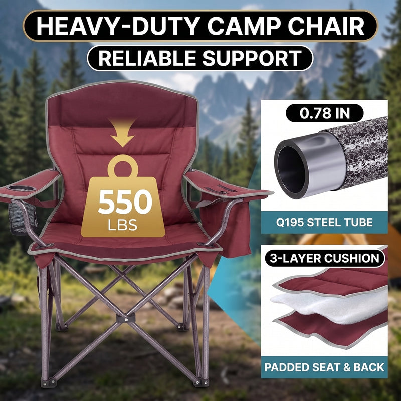 Oversized camping chair with adjustable lumbar back cushion and height-adjustable armrests for custom back support