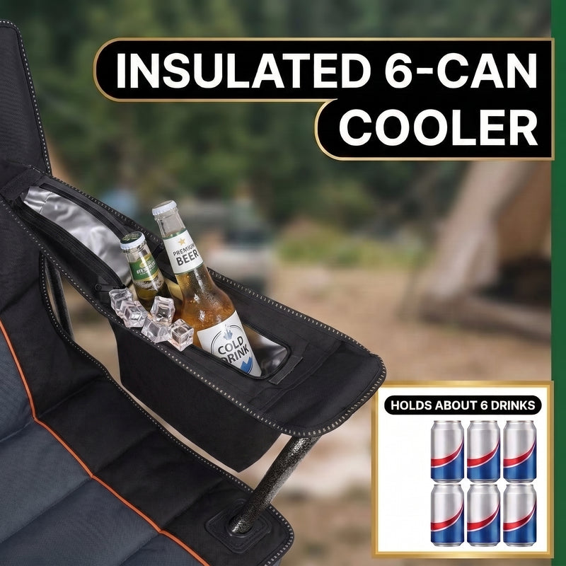 Oversized camping chair with adjustable lumbar back cushion and height-adjustable armrests for custom back support