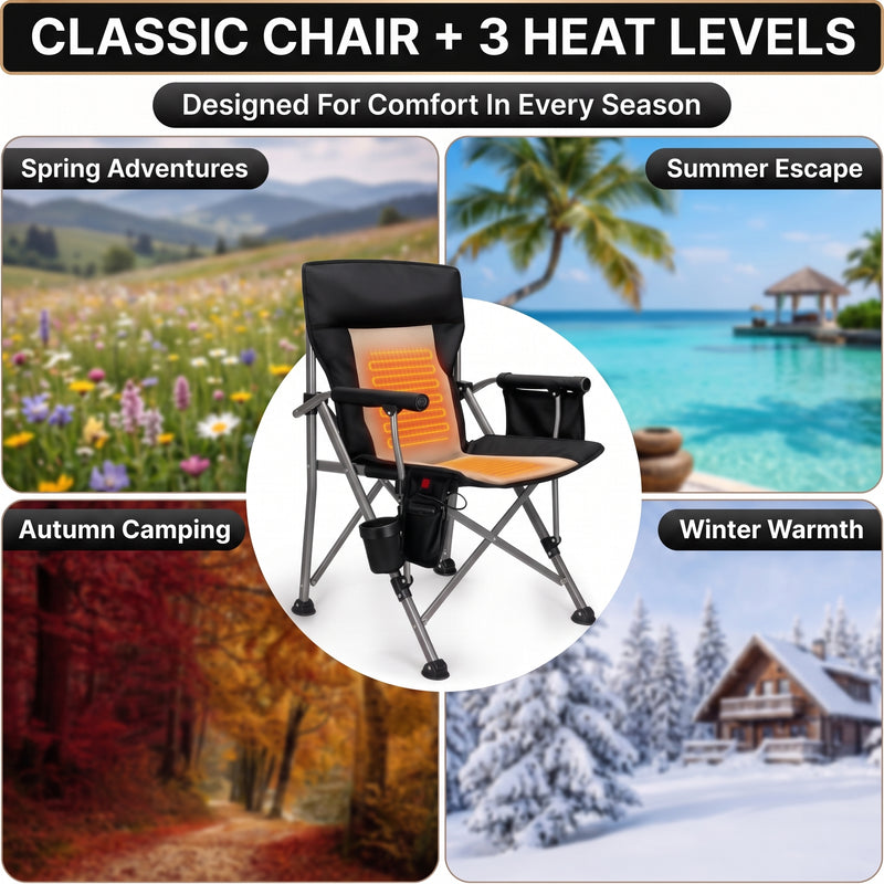 Camping chair storage features: side organizer pocket, drink cup holder and insulated cooler pouch for cold drinks