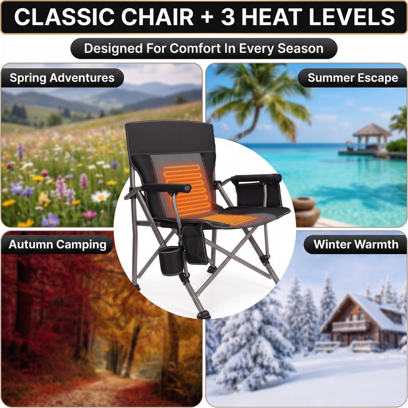 Camping chair storage features: side organizer pocket, drink cup holder and insulated cooler pouch for cold drinks