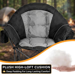 Camping chair storage features: side organizer pocket, drink cup holder and insulated cooler pouch for cold drinks