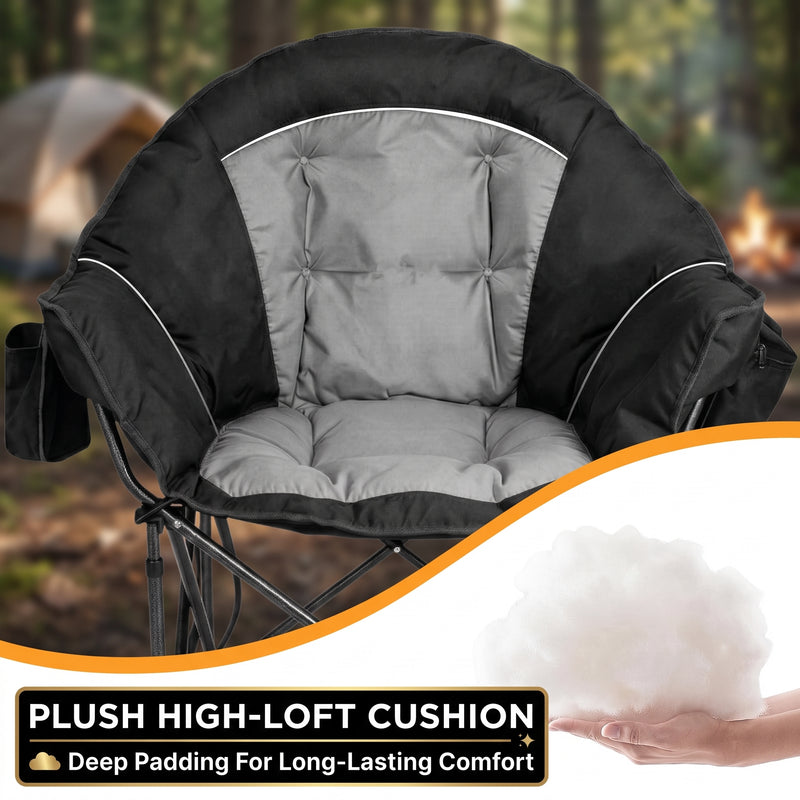 Camping chair storage features: side organizer pocket, drink cup holder and insulated cooler pouch for cold drinks