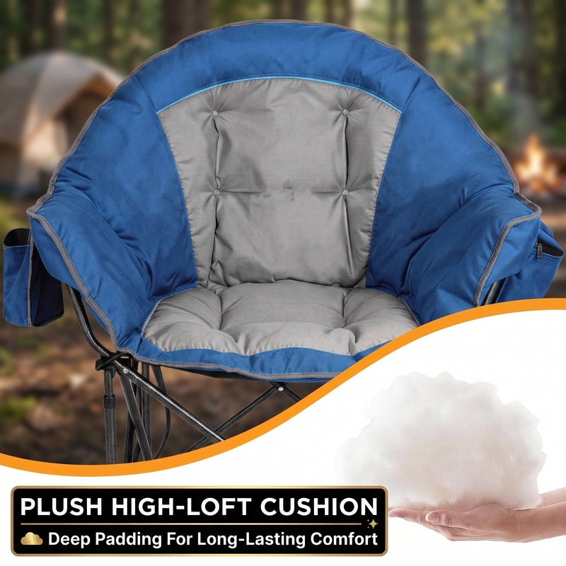 Camping chair storage features: side organizer pocket, drink cup holder and insulated cooler pouch for cold drinks