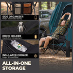 Camping chair storage features: side organizer pocket, drink cup holder and insulated cooler pouch for cold drinks