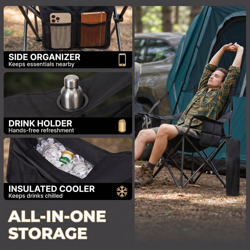 Camping chair storage features: side organizer pocket, drink cup holder and insulated cooler pouch for cold drinks