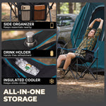 Camping chair storage features: side organizer pocket, drink cup holder and insulated cooler pouch for cold drinks