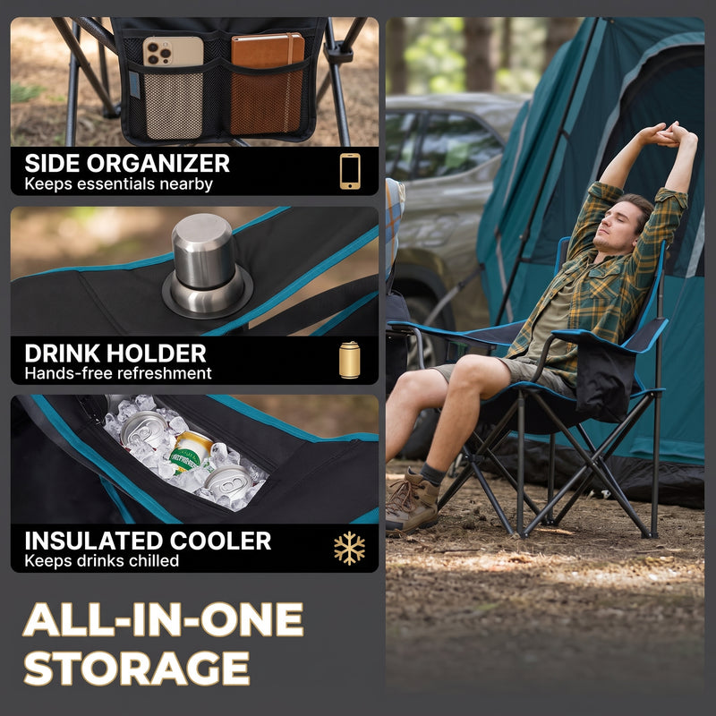Camping chair storage features: side organizer pocket, drink cup holder and insulated cooler pouch for cold drinks