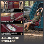 Camping chair storage features: side organizer pocket, drink cup holder and insulated cooler pouch for cold drinks