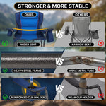 Camping chair storage features: side organizer pocket, drink cup holder and insulated cooler pouch for cold drinks