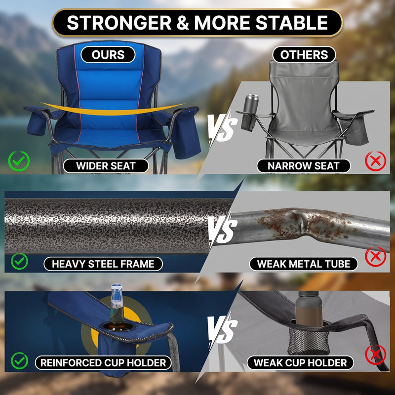 Camping chair storage features: side organizer pocket, drink cup holder and insulated cooler pouch for cold drinks