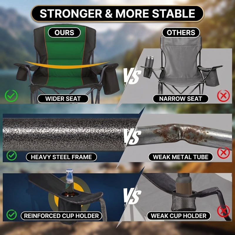 Camping chair storage features: side organizer pocket, drink cup holder and insulated cooler pouch for cold drinks