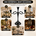 Gold candelabra centerpiece shown with wedding dinner church holiday and party use cases