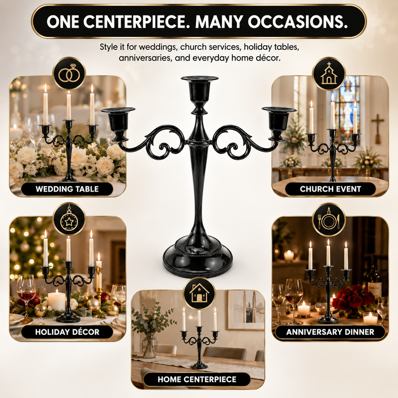 Gold candelabra centerpiece shown with wedding dinner church holiday and party use cases