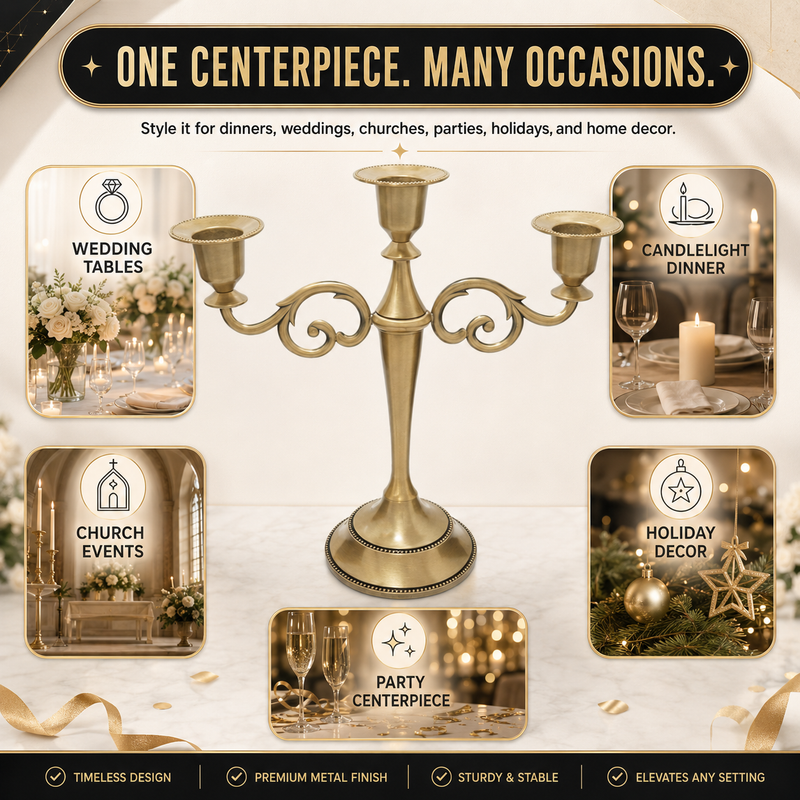 Gold candelabra centerpiece shown with wedding dinner church holiday and party use cases