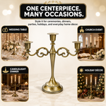 Gold candelabra centerpiece shown with wedding dinner church holiday and party use cases