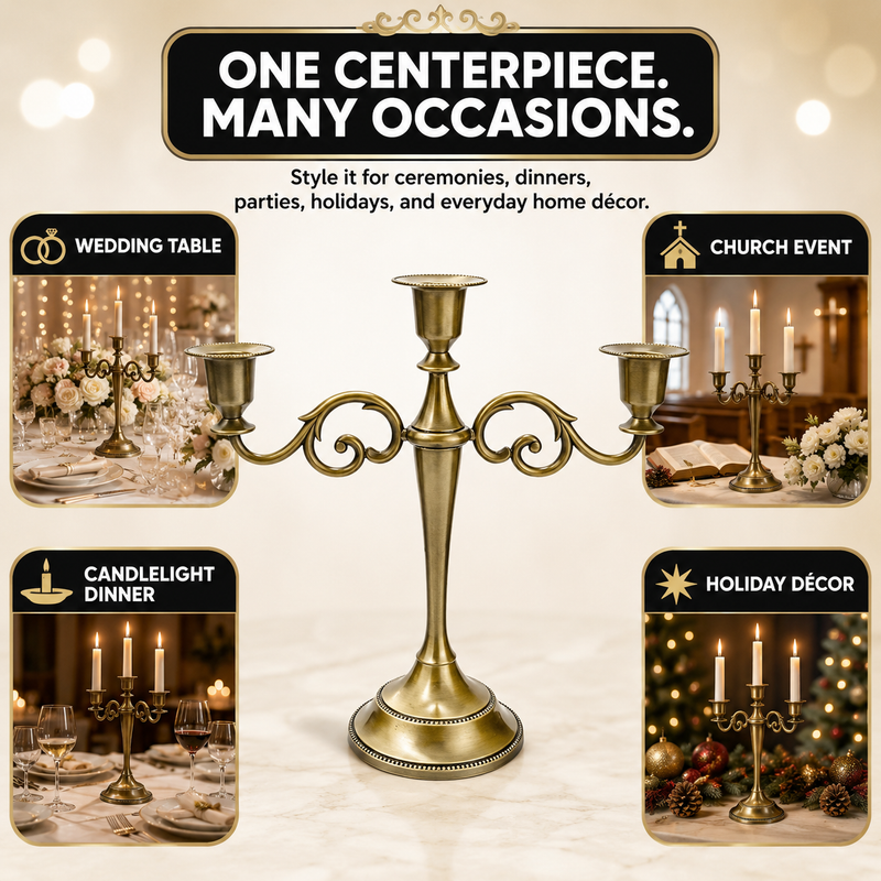 Gold candelabra centerpiece shown with wedding dinner church holiday and party use cases