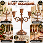Gold candelabra centerpiece shown with wedding dinner church holiday and party use cases