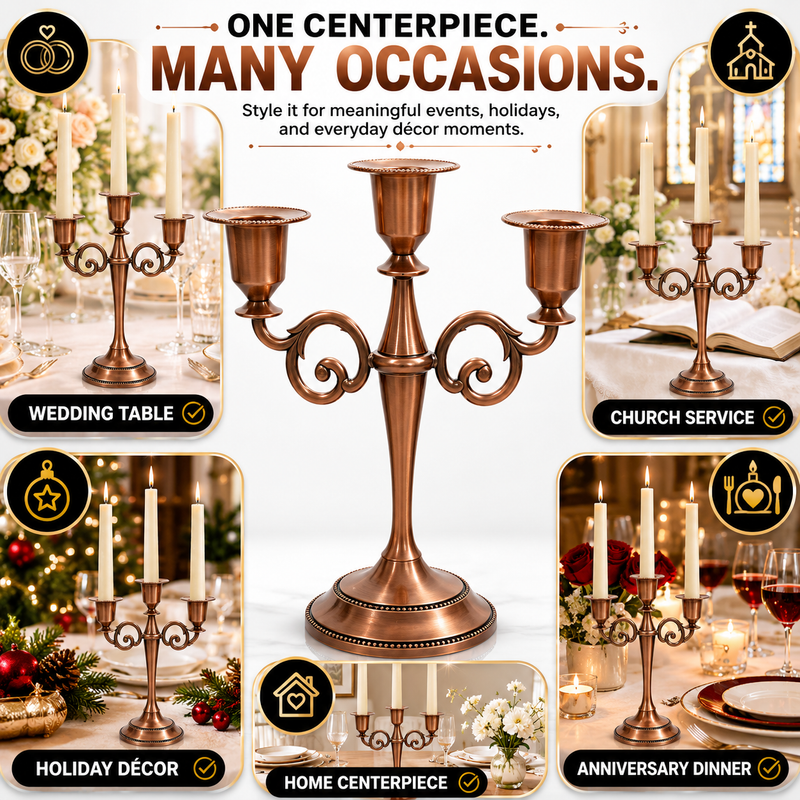 Gold candelabra centerpiece shown with wedding dinner church holiday and party use cases