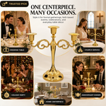 Gold candelabra centerpiece shown with wedding dinner church holiday and party use cases
