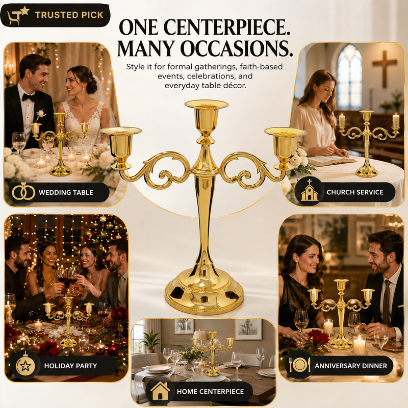Gold candelabra centerpiece shown with wedding dinner church holiday and party use cases